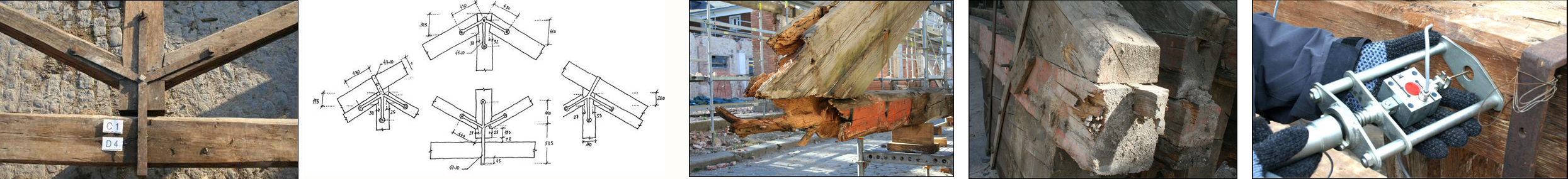 Se registró con detalle la geometría de todas las cerchas, sus piezas y sus detalles. Igualmente, se detectaron los daños de origen biótico (fundamentalmente pudriciones por hongos) y las deformaciones existentes. Las propiedades de la madera se estimaron mediante técnicas no destructivas como la medición de la velocidad de propagación de una onda, la profundidad de penetración de una varilla o la resistencia al arranque de un tornillo. Foto: M. Esteban